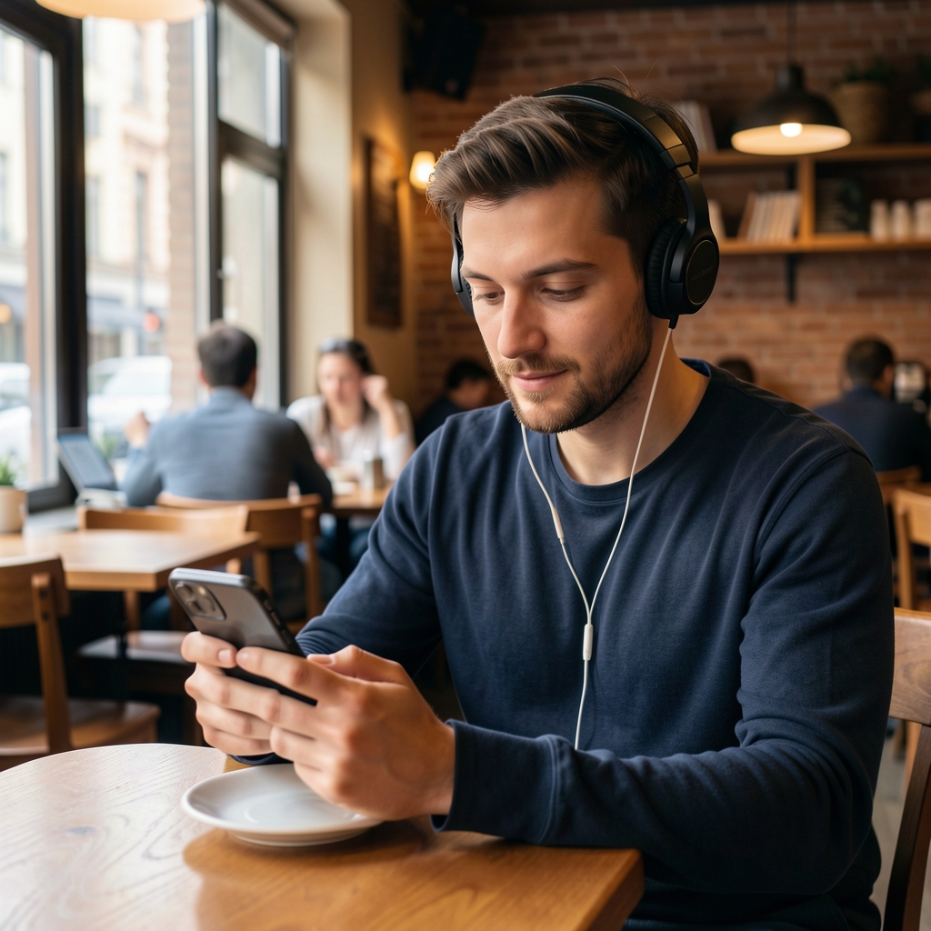 Mladi investitor sjedi u kafiću i sluša podcast na slušalicama dok pregledava financijsku aplikaciju na mobitelu