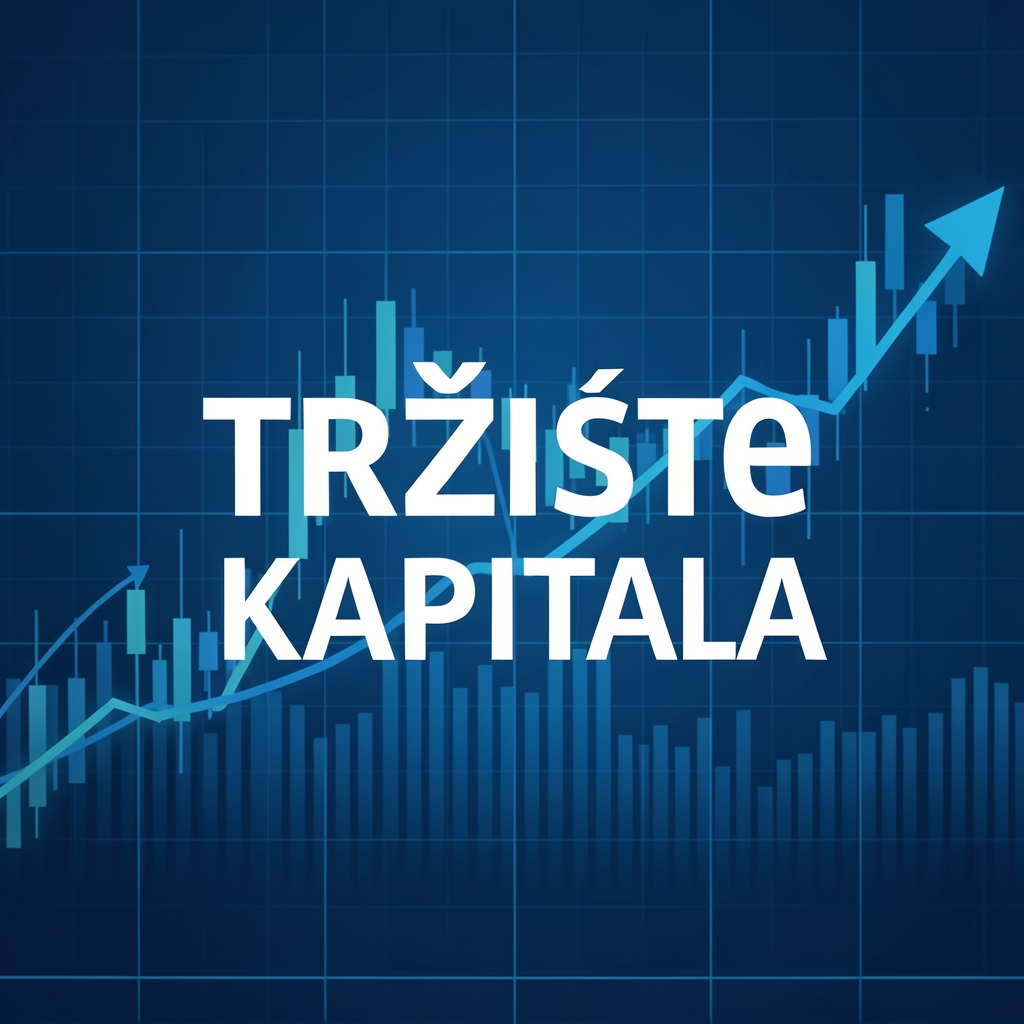 Podcast logo Tržište Kapitala s plavim pozadinskim grafikonom rastućeg burzovnog indeksa