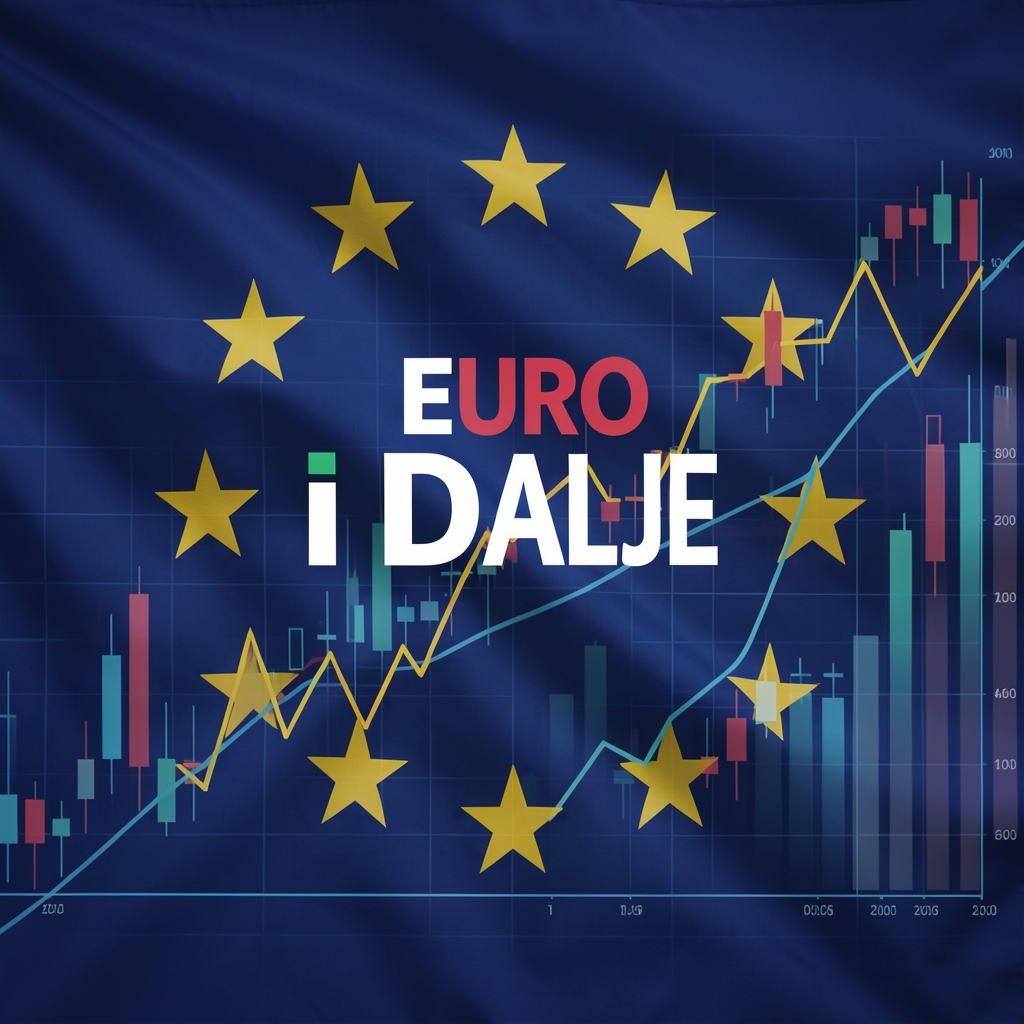 Podcast logo Euro i Dalje s europskom zastavom u pozadini i financijskim grafikonima